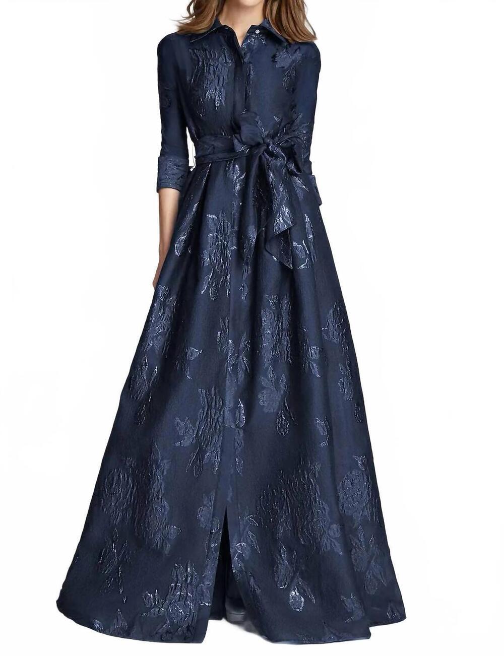 NEW TERI JON metallic jacquard shirtdress gown in navy